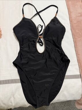 Shade & Shore Black One-Piece Swimsuit with Tan Trim
